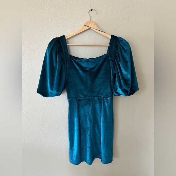 NWT Krisa Wrap Front Sweetheart Mini Dress Puff Sleeves Velvet Teal Size XS - Picture 5 of 7